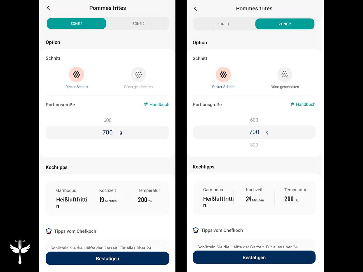Zwei Screenshots aus der VeSync-App auf schwarzem Hintergrund. Sie zeigen das Menü zum Einstellen der beiden Kochzonen mit Hilfe der Kochtabelle. Links: Vorauswahl für 700 Gramm dicke TK-Pommes in Zone 1. Rechts: Vorauswahl für 700 Gramm dicke TK-Pommes in Zone 2, mit 5 Minuten höherer Garzeit. In der unteren linken Ecke das LECKER-Logo.