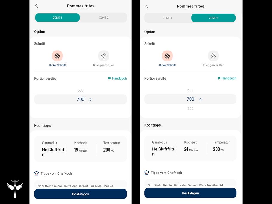 Zwei Screenshots aus der VeSync-App auf schwarzem Hintergrund. Sie zeigen das Menü zum Einstellen der beiden Kochzonen mit Hilfe der Kochtabelle. Links: Vorauswahl für 700 Gramm dicke TK-Pommes in Zone 1. Rechts: Vorauswahl für 700 Gramm dicke TK-Pommes in Zone 2, mit 5 Minuten höherer Garzeit. In der unteren linken Ecke das LECKER-Logo.