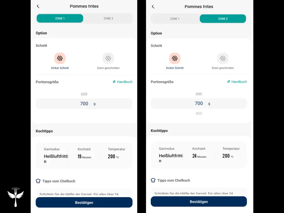 Zwei Screenshots aus der VeSync-App auf schwarzem Hintergrund. Sie zeigen das Menü zum Einstellen der beiden Kochzonen mit Hilfe der Kochtabelle. Links: Vorauswahl für 700 Gramm dicke TK-Pommes in Zone 1. Rechts: Vorauswahl für 700 Gramm dicke TK-Pommes in Zone 2, mit 5 Minuten höherer Garzeit. In der unteren linken Ecke das LECKER-Logo.