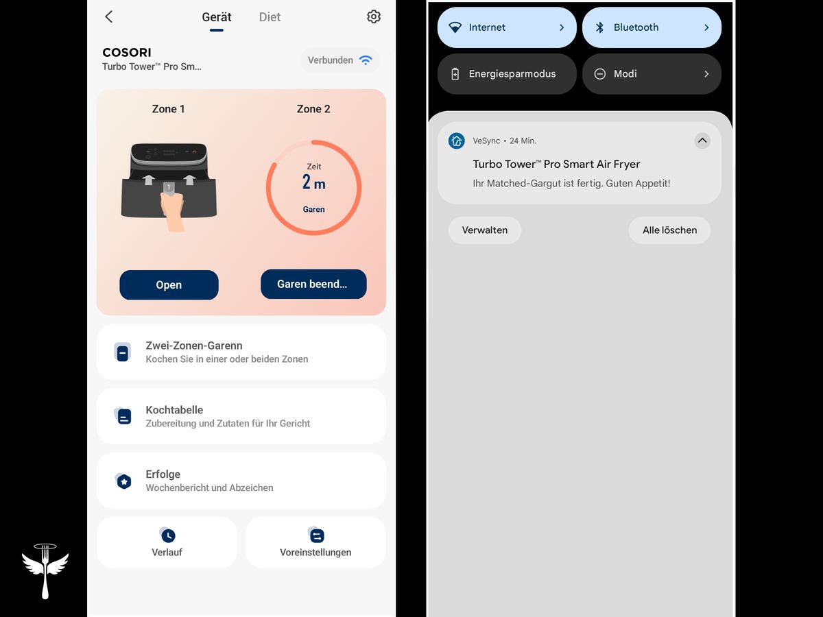 Zwei Screenshots aus der VeSync-App auf schwarzem Hintergrund. Links: das Menü während des Garens zum Überwachen des Fortschritts oder Beenden des Kochens, während Zone 1 geöffnet ist. Rechts: die Push-Benachrichtigung, dass der Kochvorgang („Match“-Modus) vorbei ist. In der unteren linken Ecke das LECKER-Logo.