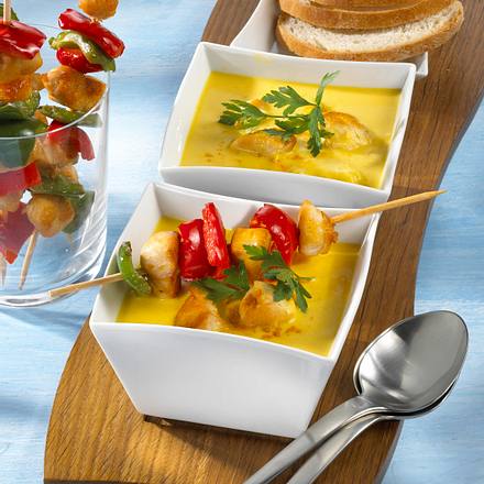 Cremige Currysuppe mit Hähnchenspieß Rezept