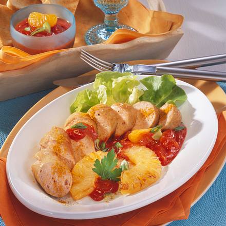 Currywurst, Ananas und Chutney Rezept Currywurst, Ananas und Chutney Rezept