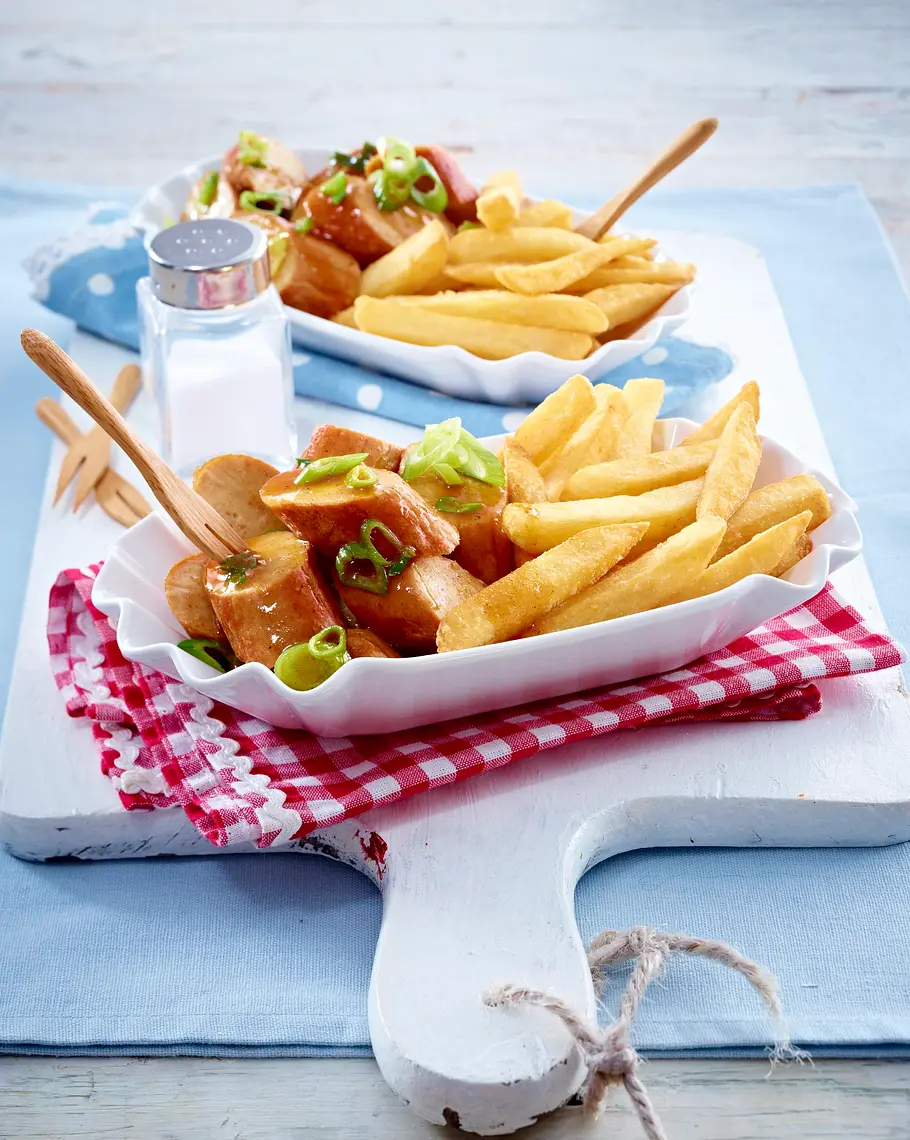 Currywurst-Pfanne mit Pommes frites Rezept Currywurst-Pfanne mit Pommes frites Rezept