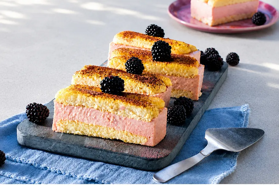 Brombeer-Pudding-Schnitten ohne Backen Brombeer-Puddingschnitten mit frischen Brombeeren verziert liegen auf einer grauen Kuchenplatte. Darunter ein blaues Tuch und daneben ein silberner Kuchenheber.