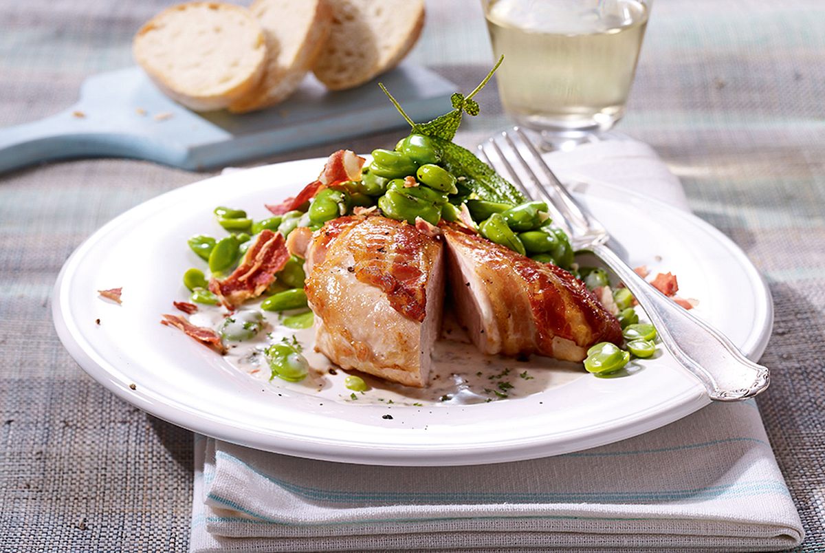 Dicke Bohnen in Gorgonzolarahm zu Hähnchenfilet Rezept