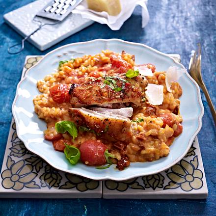 Dreierlei Tomatenrisotto mit Orangen-Hähnchen Rezept Dreierlei Tomatenrisotto mit Orangen-Hähnchen Rezept