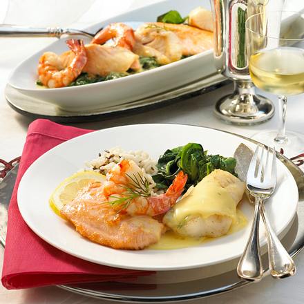 Edelfischplatte auf Blattspinat Rezept Edelfischplatte auf Blattspinat Rezept