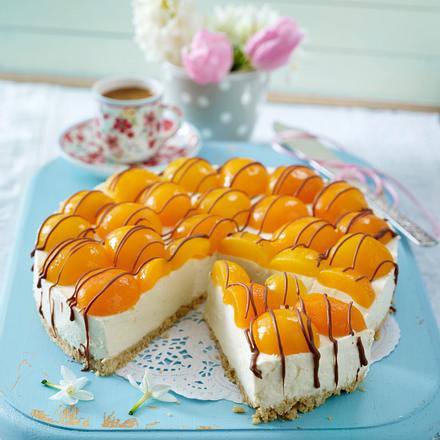 Eierlikör-Cheesecake mit Aprikosen und Schokostreifen Rezept Eierlikör-Cheesecake mit Aprikosen und Schokostreifen Rezept