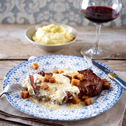 Entrecote in Senf-Sahnesoße zu Kartoffelpüree Rezept