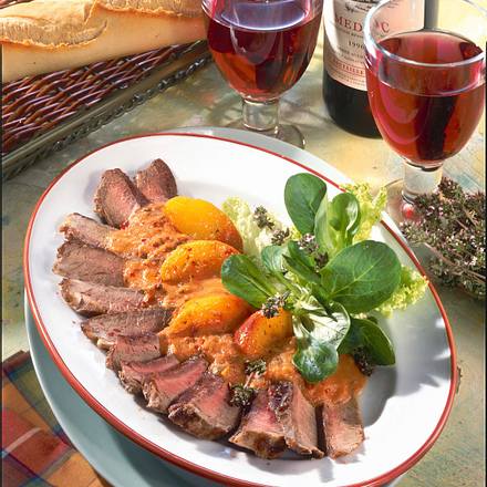 Entrecôte mit Tomaten-Pfirsich-Soße Rezept Entrecôte mit Tomaten-Pfirsich-Soße Rezept