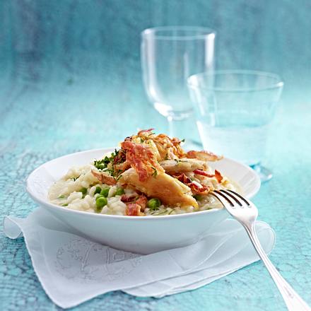 Erbsen-Pancetta-Risotto mit knusprigem Hähnchenfleisch Rezept