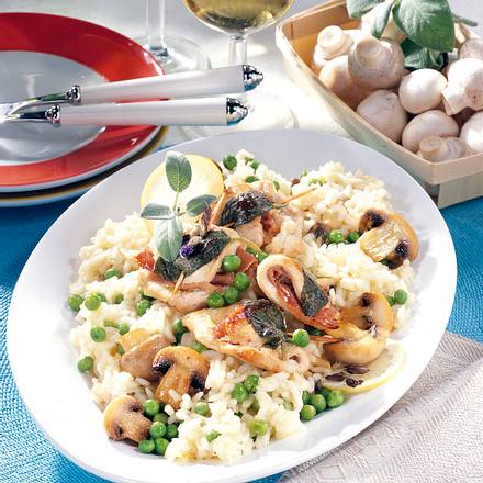 Erbsen-Pilz-Risotto zu Puten-Saltimbocca Rezept