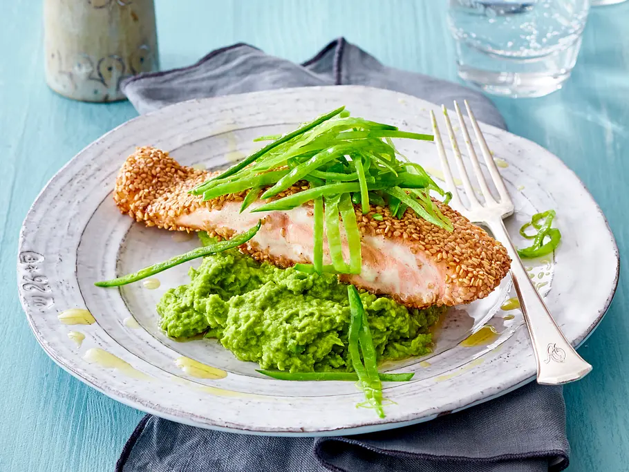 Erbsenpüree zu Lachs im Sesammantel Rezept