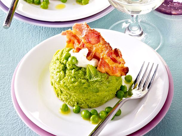 Erbsenflan mit Speck Rezept