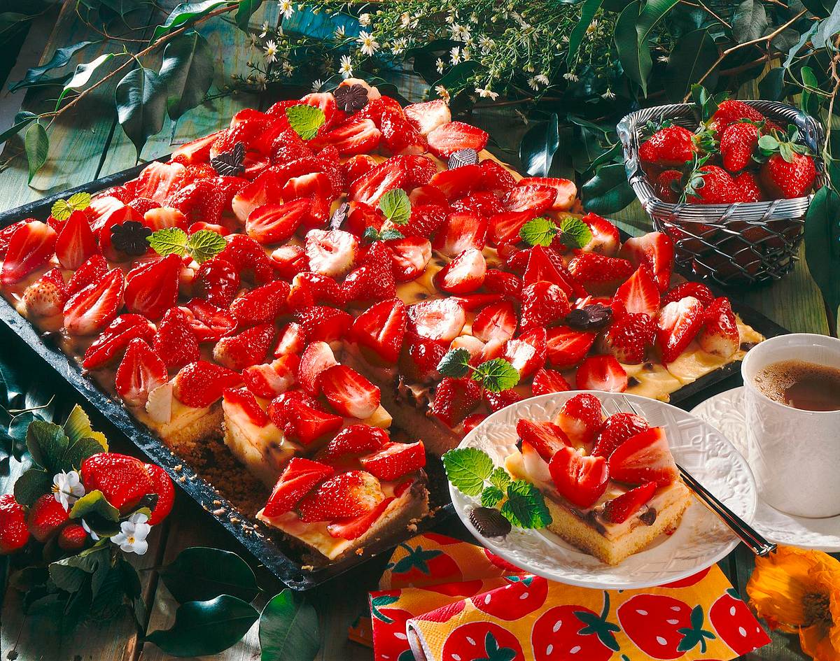 Erdbeerkuchen vom Blech mit Vanille-Pudding Rezept