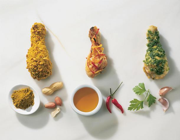Erdnuss-Curry-Kruste (Dreierlei Würzpanaden für Hähnchenkeulen) Rezept Erdnuss-Curry-Kruste (Dreierlei Würzpanaden für Hähnchenkeulen) Rezept