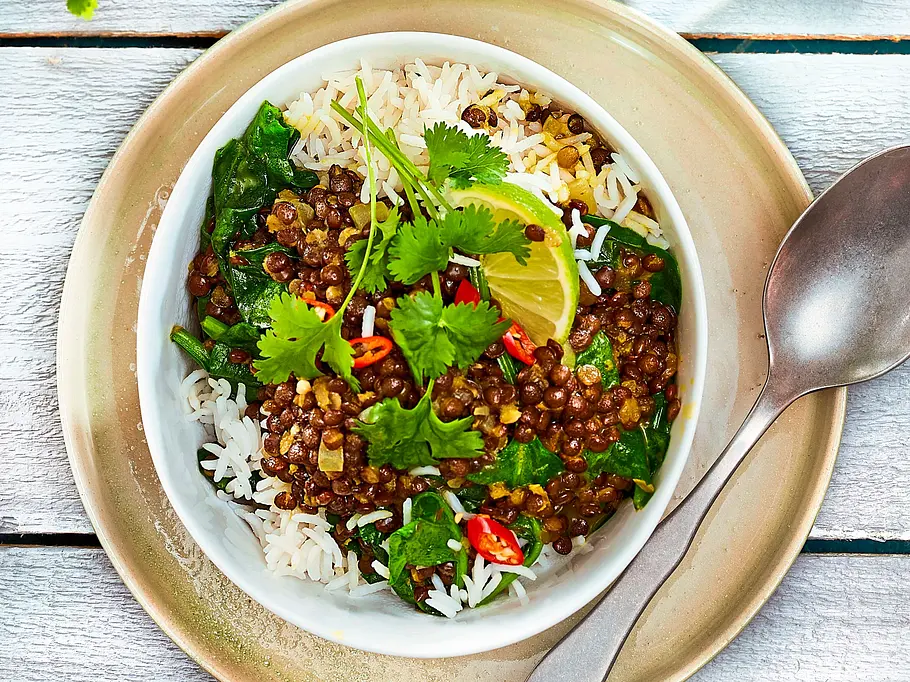 Orientalische Linsen-Bowl Schale mit Linsen, Blattspinat, Reis, frischen Kräutern, Limettenspalte und Chili auf einem hellen Teller, daneben ein Löffel.