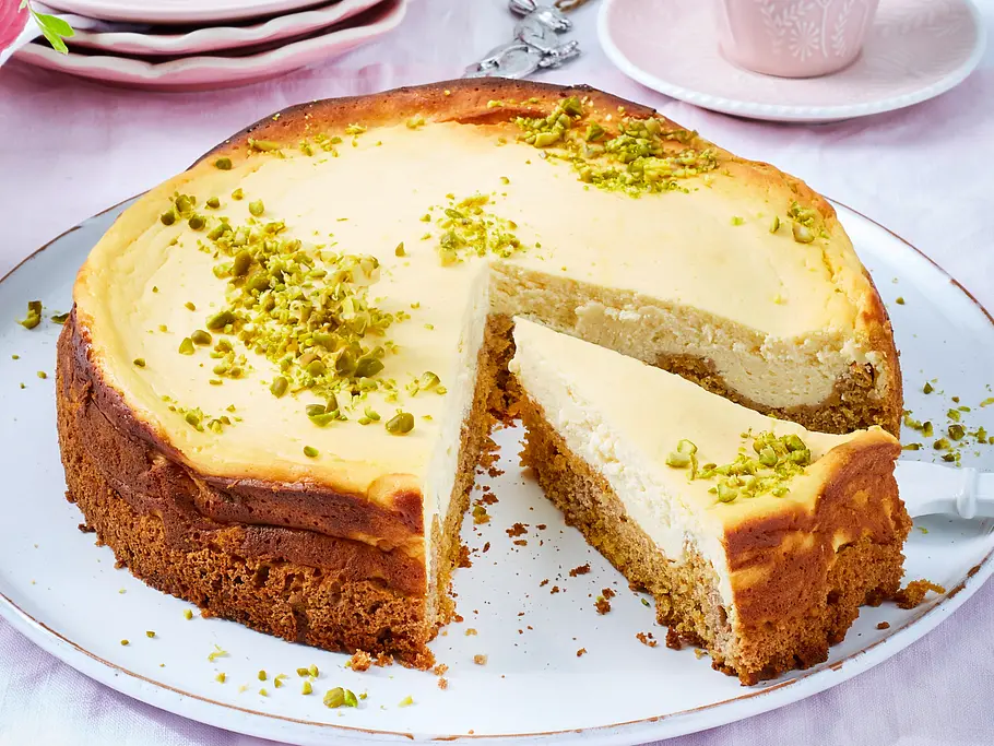 Karottenboden mit Käsekuchen und gehackten Pistazien garniert.