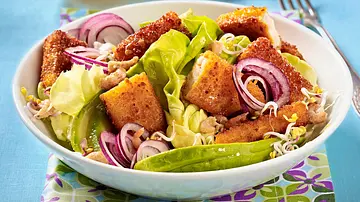 Knusprige Fischstäbchenstücke auf einem frischen Blattsalat mit roten Zwiebelringen und Sprossen, angerichtet in einer weißen Schüssel auf einem bunt gemusterten Stoffserviette. - Foto: LECKER @ Bauer Media Group Knusprige Fischstäbchenstücke auf einem frischen Blattsalat mit roten Zwiebelringen und Sprossen, angerichtet in einer weißen Schüssel auf einem bunt gemusterten Stoffserviette. - Foto: LECKER @ Bauer Media Group