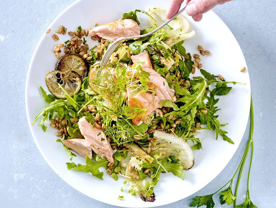 Frischer Salat mit zarten Lachsstücken, Dinkel, Rucola und gegrillten Limettenscheiben, angerichtet auf einem weißen Teller.