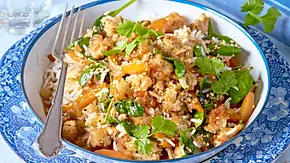 Gebratene Asia-Pfanne mit Putenhackfleisch, Reis, Gemüse und frischem Koriander in einer weißen Schale, serviert auf einem blau-gemusterten Teller. - Foto: StockFood Studios / Meike Bergmann Gebratene Asia-Pfanne mit Putenhackfleisch, Reis, Gemüse und frischem Koriander in einer weißen Schale, serviert auf einem blau-gemusterten Teller. - Foto: StockFood Studios / Meike Bergmann