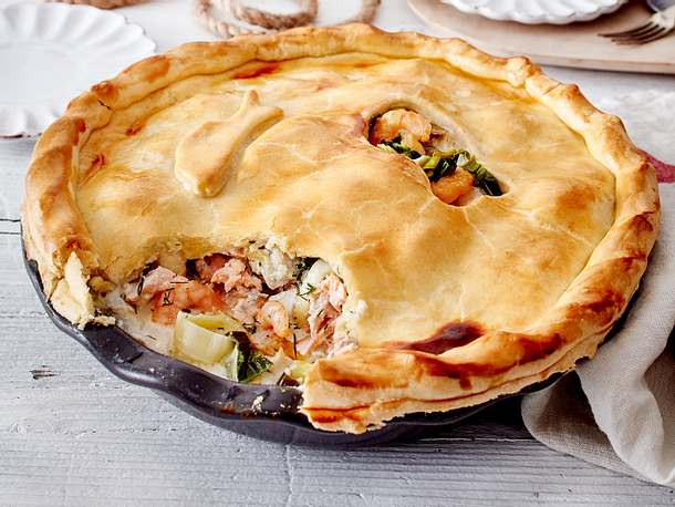 Fisch-Garnelen-Pie mit Dill-Honig-Soße Rezept