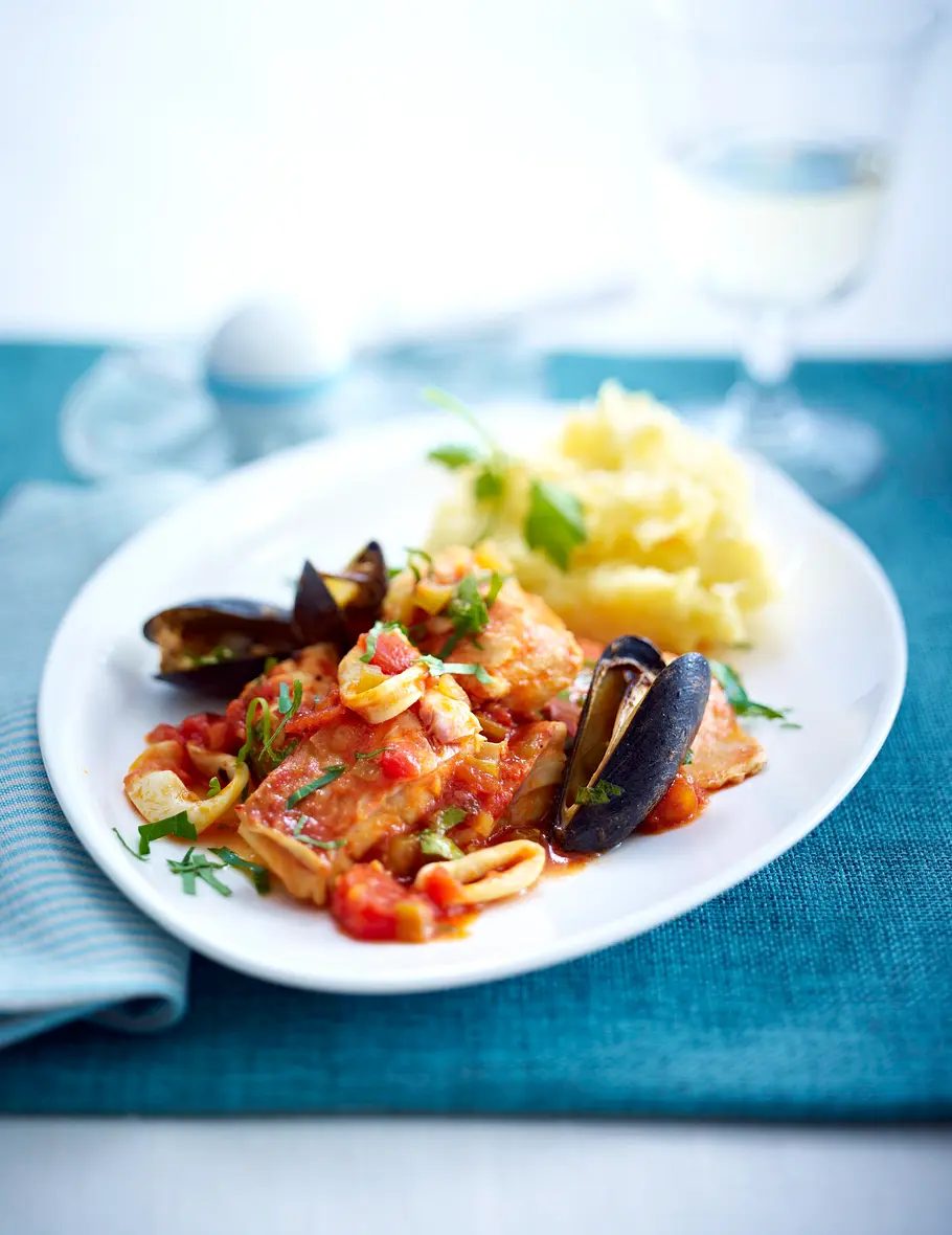 Fisch-Stew mit Safran-Kartoffelpüree Rezept