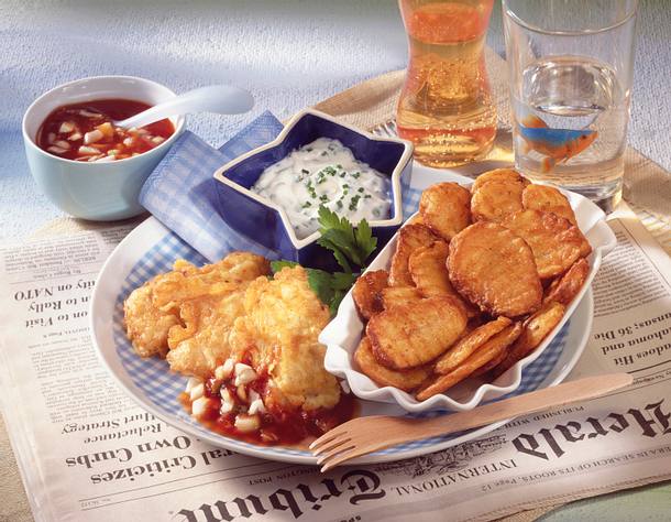 Fisch & Chips mit würzigen Dips Rezept Fisch & Chips mit würzigen Dips Rezept