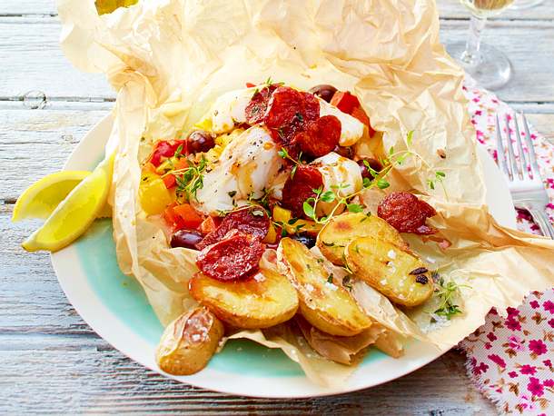 Fischbomben mit Chorizo & Thymiankartoffeln Rezept Fischbomben mit Chorizo & Thymiankartoffeln Rezept
