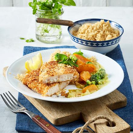 Fischfilet in Sesam-Panade mit Möhren und Brokkoli in Currysoße Rezept