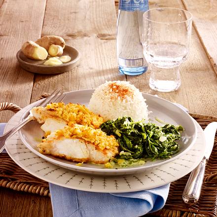 Fischfilet mit Ingwerkruste zu Rahm-Spinat und Basmati-Reis Rezept