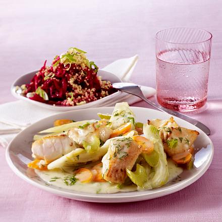 Fischgulasch zu Rote-Bete-Hirse-Salat Rezept Fischgulasch zu Rote-Bete-Hirse-Salat Rezept