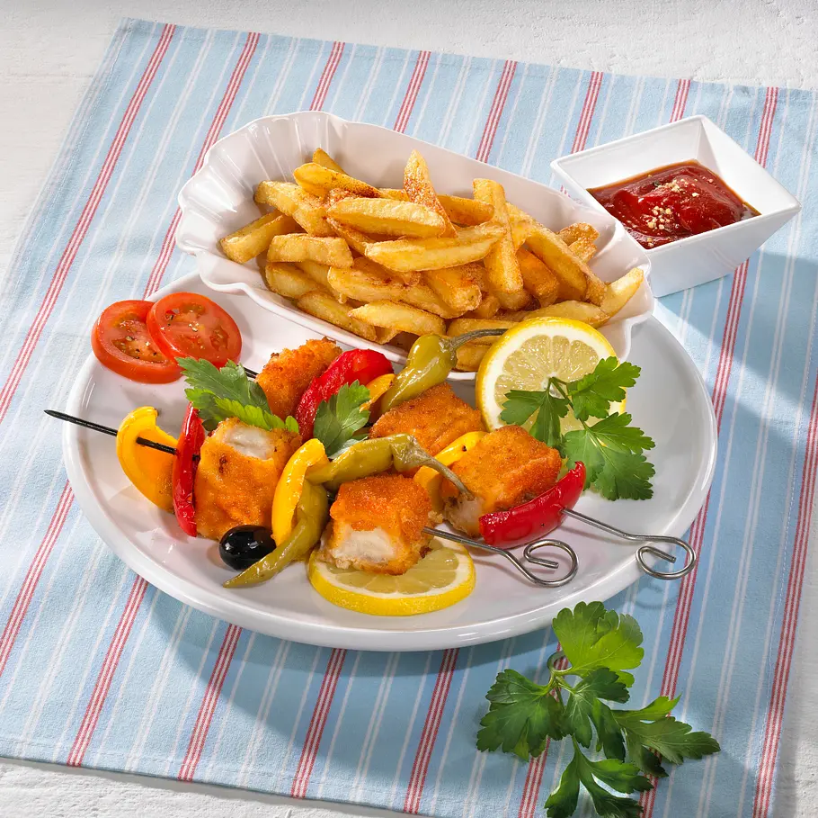 Fischstäbchen-Spieße mit Pommes Rezept Fischstäbchen-Spieße mit Pommes Rezept