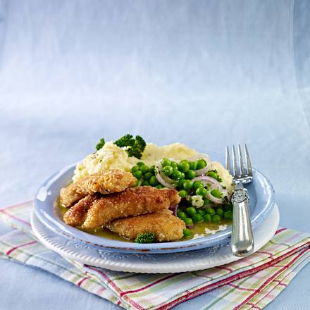 Fitgericht: Knusperhähnchen und Erbsen zu Kartoffelstampf Rezept Fitgericht: Knusperhähnchen und Erbsen zu Kartoffelstampf Rezept