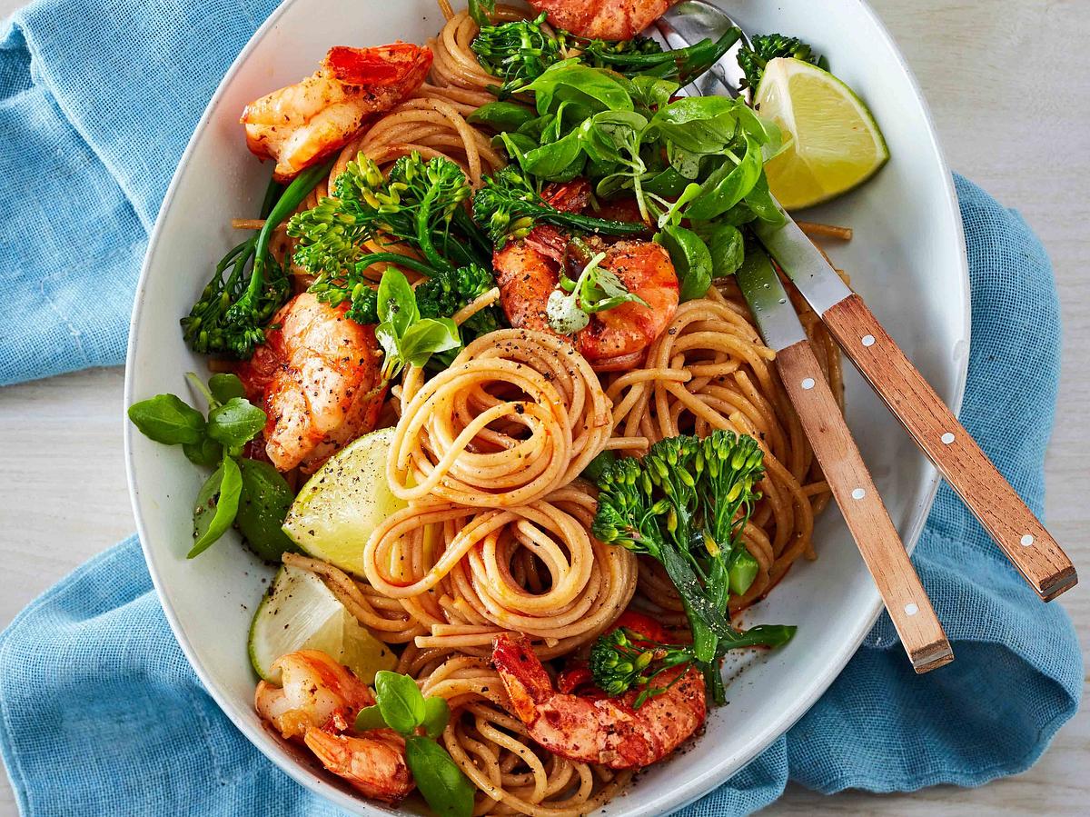 Fitness-Pasta mit Garnelen und Brokkolini Rezept