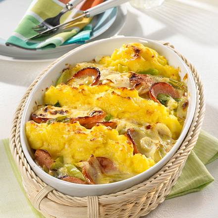 Fleischwurst-Kartoffelpüree-Auflauf Rezept