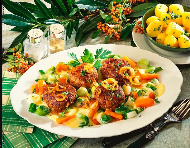 Frikadellen auf gestovtem Möhren-Porree-Gemüse Rezept Frikadellen auf gestovtem Möhren-Porree-Gemüse Rezept