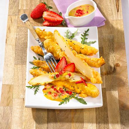 Frittierter Spargel mit Erdbeer-Mango-Relish Rezept Frittierter Spargel mit Erdbeer-Mango-Relish Rezept