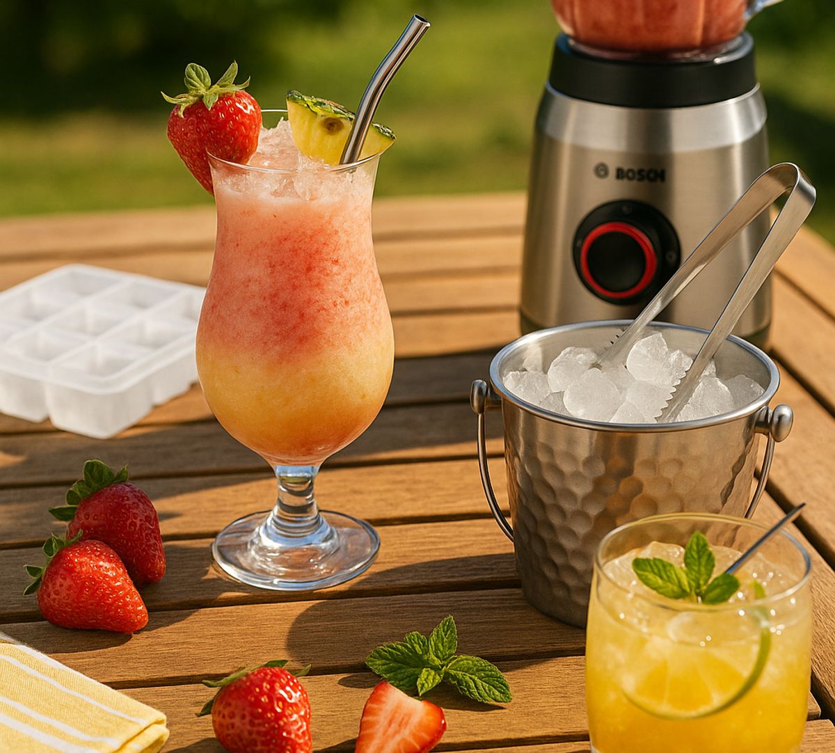 Ein Gartentisch mit einem fruchtigen Sommer-Cocktail darauf. Darum stehen ein Kübel mit Eiswürfel und einer Zange, ein Standmixer eine Eiswürfelform und einige aufgeschnittene Früchte.