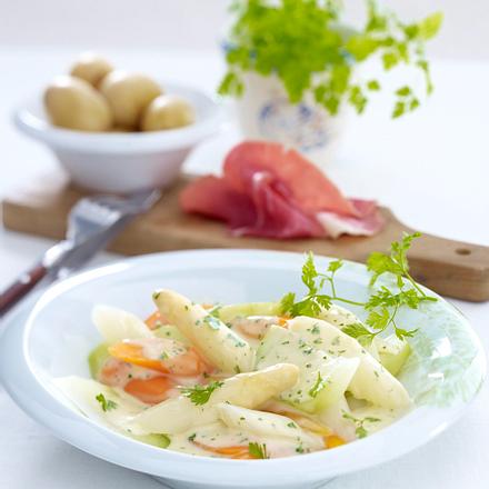 Frühlings-Schnüsch (Gemüse in Kerbel-Bechamelsoße zu Katenschinken) Rezept