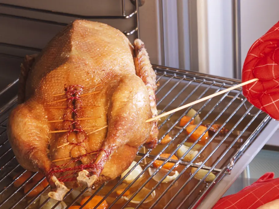 Ist die Gans gar? Einfach mit einem Holzspieß in die Schenkel piksen.