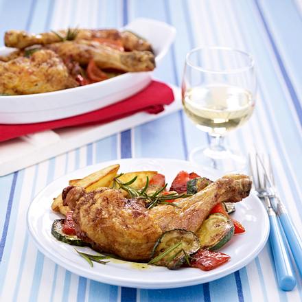 Gebackene Hähnchenkeulen mit Ofen-Kartoffeln Rezept
