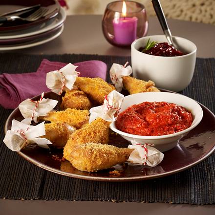 Gebackene Hähnchenkeulen mit Paprika-Mandel-Dip und Zwiebel-Confi Rezept Gebackene Hähnchenkeulen mit Paprika-Mandel-Dip und Zwiebel-Confi Rezept