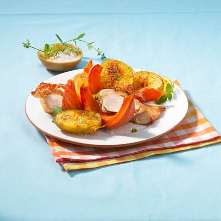 Gebackene Kürbisspalten zu Hähnchenfilets Rezept