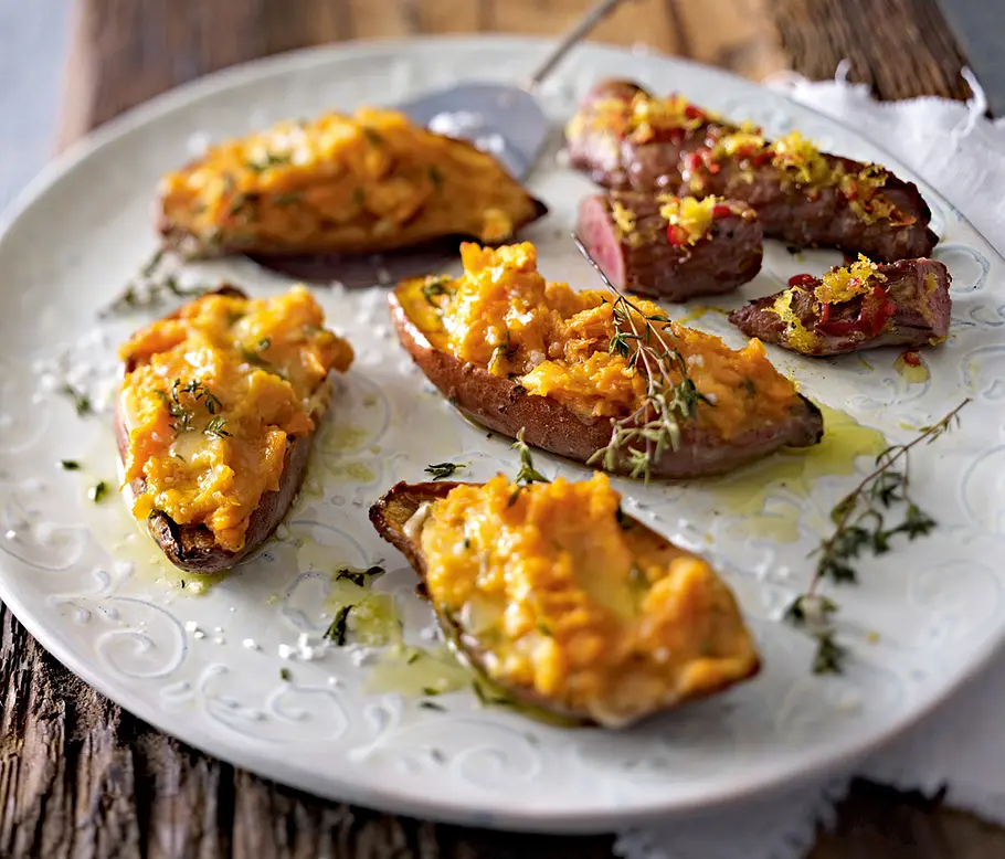 Gebackene Süßkartoffeln mit Taleggio und Zitronenlammfilet Rezept