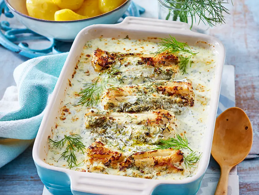 Gebackener Seelachs in Dillrahm Rezept Gebackener Seelachs in Dillrahm Rezept