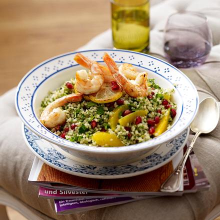 Gebratene Garnelen auf Bulgursalat Rezept Gebratene Garnelen auf Bulgursalat Rezept