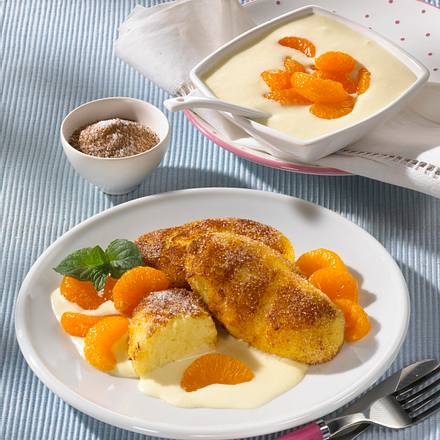 Gebratene Grießnocken mit Mandarinen-Vanille-Soße Rezept Gebratene Grießnocken mit Mandarinen-Vanille-Soße Rezept