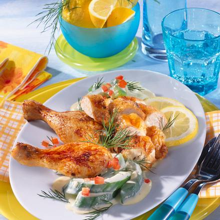 Gebratene Hähnchenteile mit Dill-Gurkengemüse Rezept Gebratene Hähnchenteile mit Dill-Gurkengemüse Rezept
