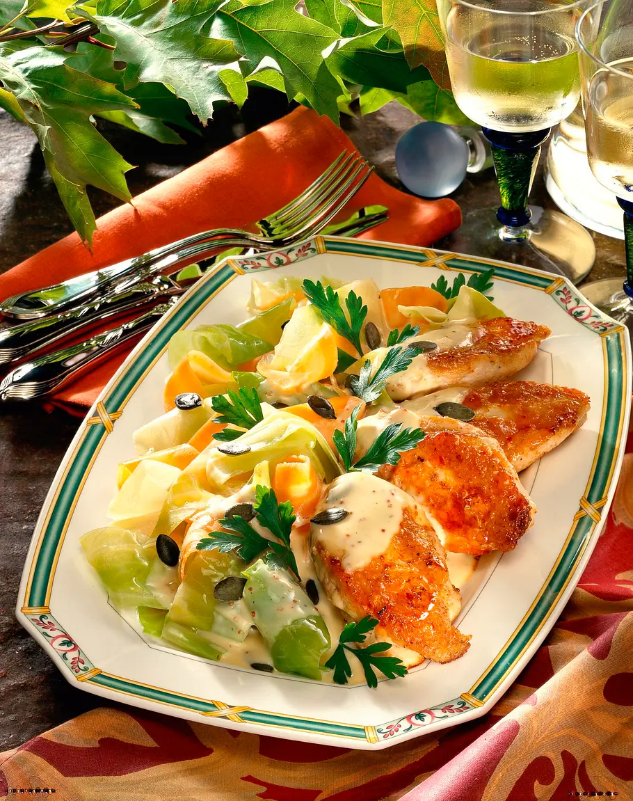 Gebratene Hähnchenbrust mit Gemüse und Senfsoße Rezept Gebratene Hähnchenbrust mit Gemüse und Senfsoße Rezept